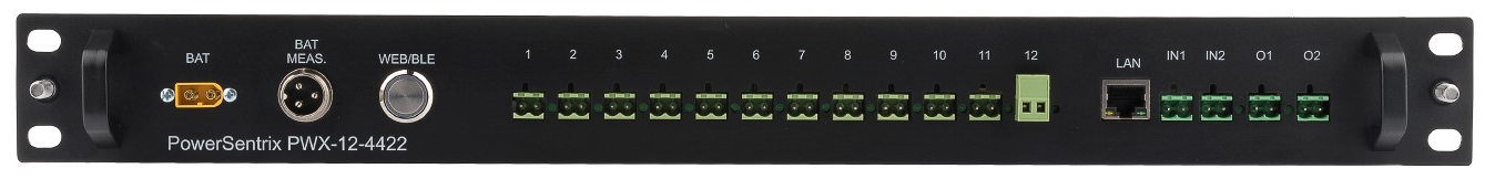 PowerSentrix PWX-12-4422 front panel with battery, output, LAN, input and relay connectors
